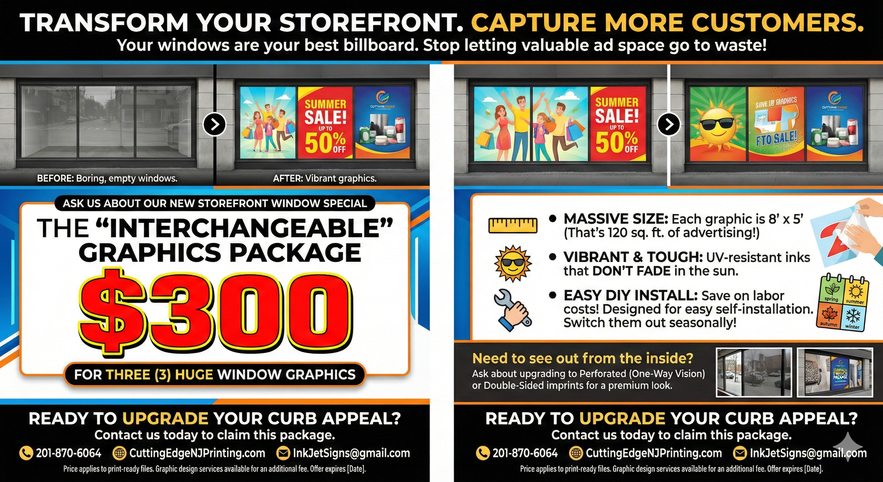 The "Profit-Booster" Storefront Window Package: Three Huge 8'x5' Graphics ($300 Special)
